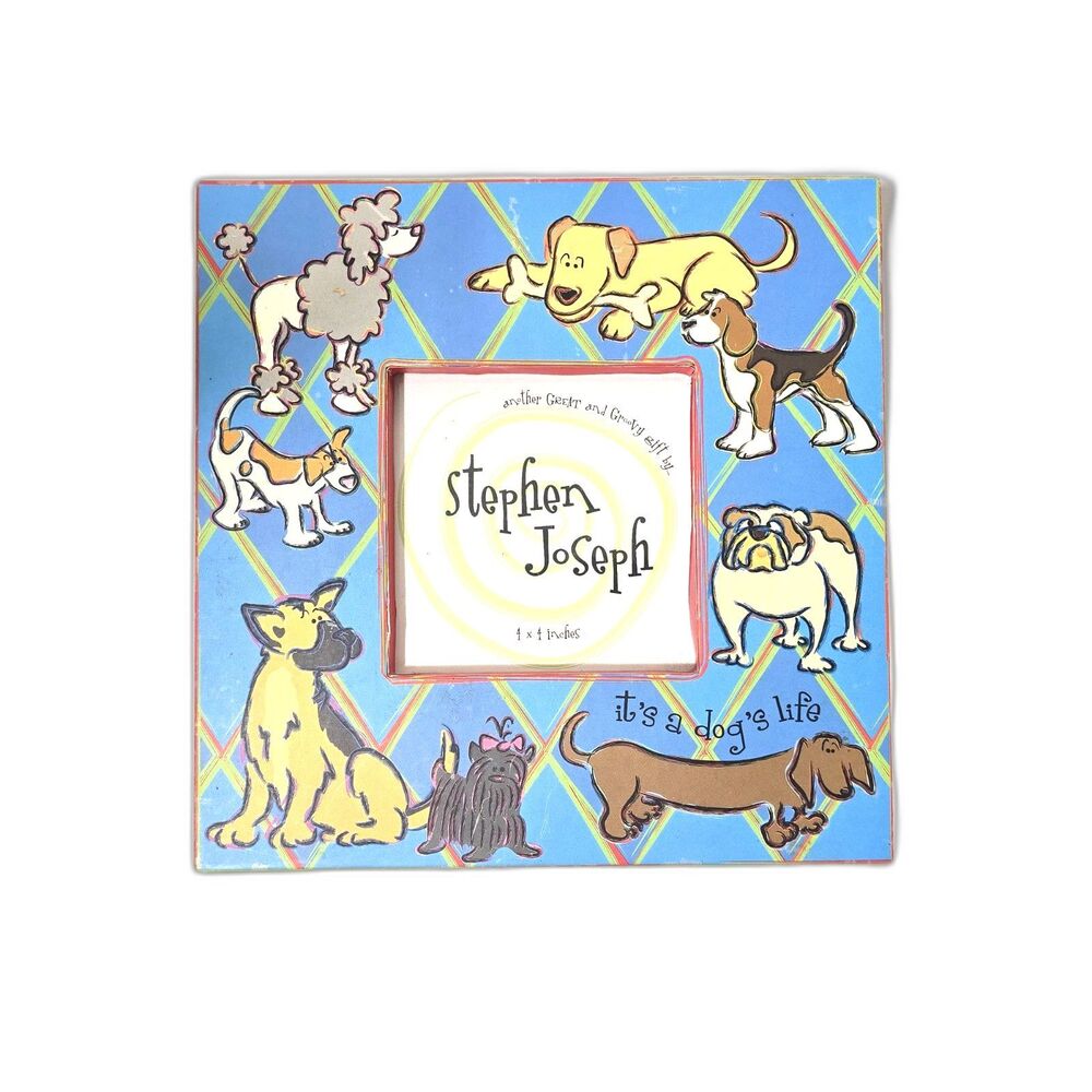 Stephen Joseph Dog Theme Picture Frame 9X9 Its a Dog's Life 4X4 Photo Blue Red